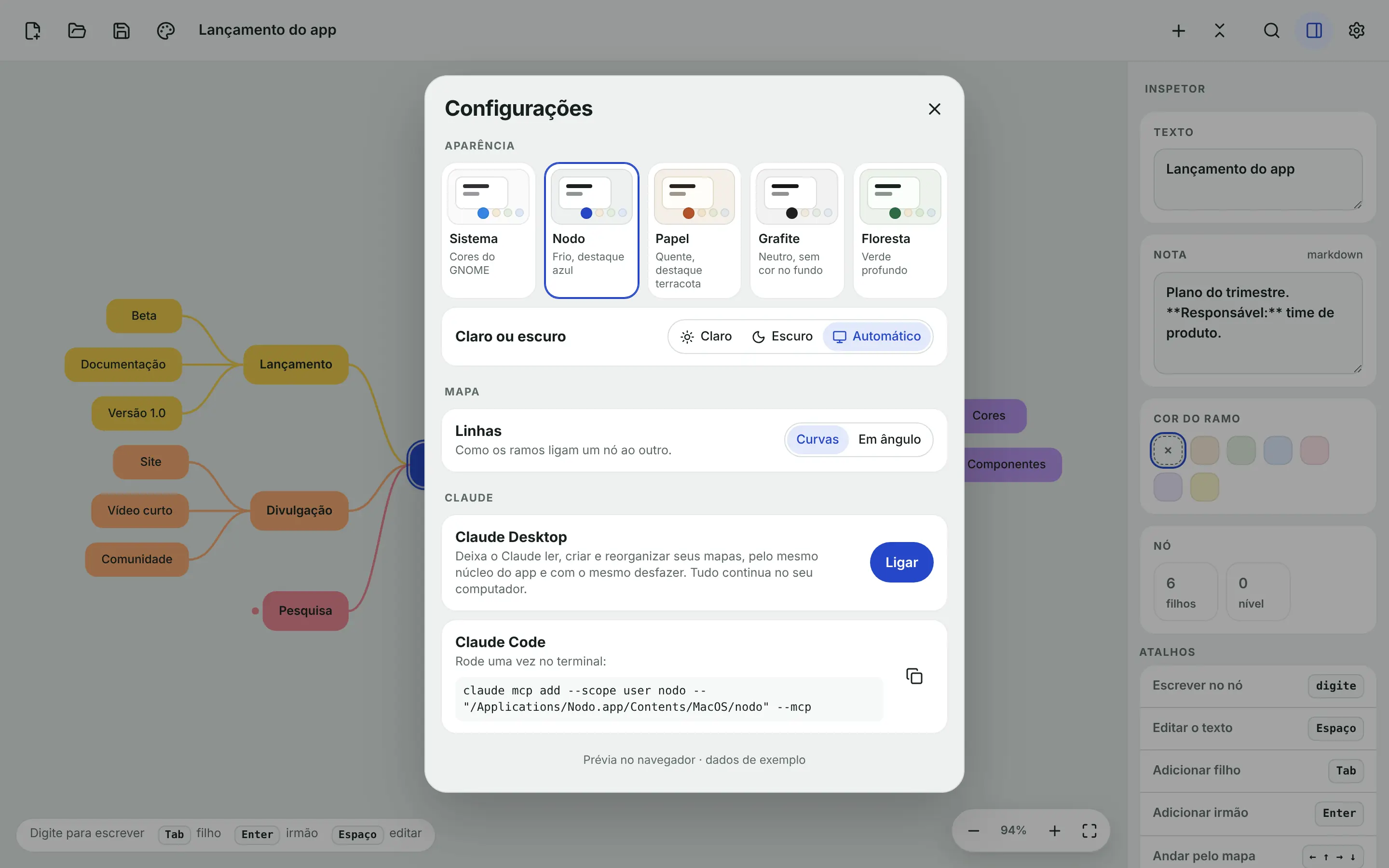 Configurações do Nodo com a aparência, o traçado das linhas e a seção Claude, com o botão Ligar e o comando do Claude Code