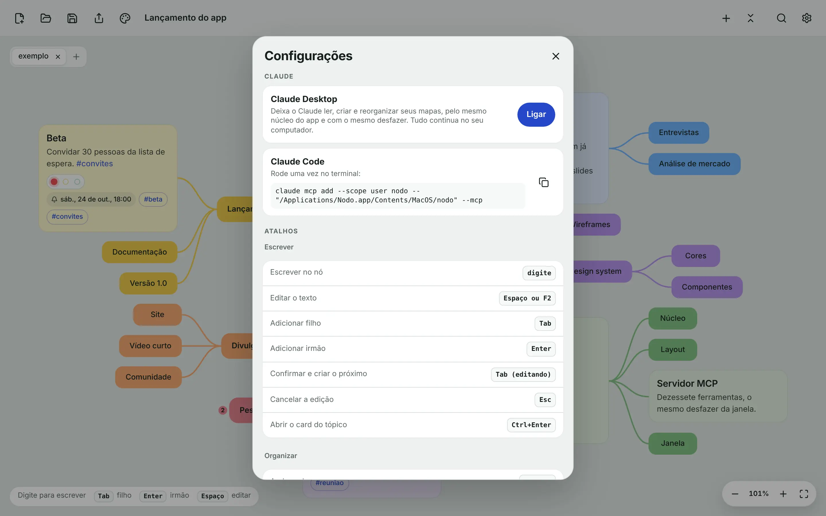 Configurações do Nodo com a aparência, o traçado das linhas e a seção Claude, com o botão Ligar e o comando do Claude Code