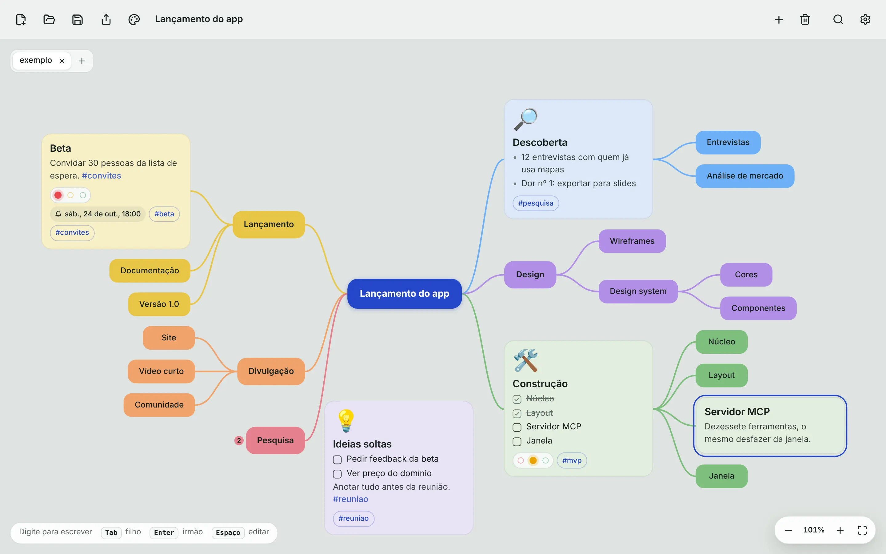 Um mapa mental no Nodo: a raiz no centro, ramos coloridos dos dois lados, tópicos em cards com checklist, etiquetas e status, e uma nota solta